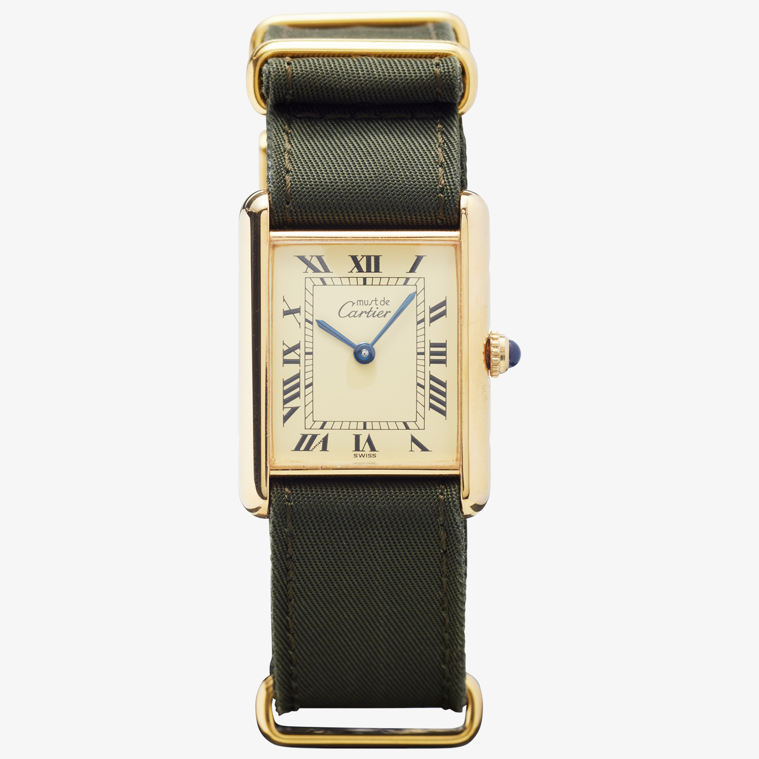 Cartier｜must de Cartier TANK LM｜IVORY ROMAN - 90's + CES NATO LIMONTA BAND 18mm GRN/GD｜Cartier (Vintage Watch)